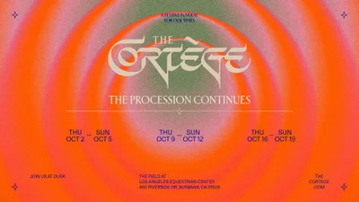 Vibrant retro-styled graphic featuring concentric orange, red, and green rings with typographic event details for The Cortège
