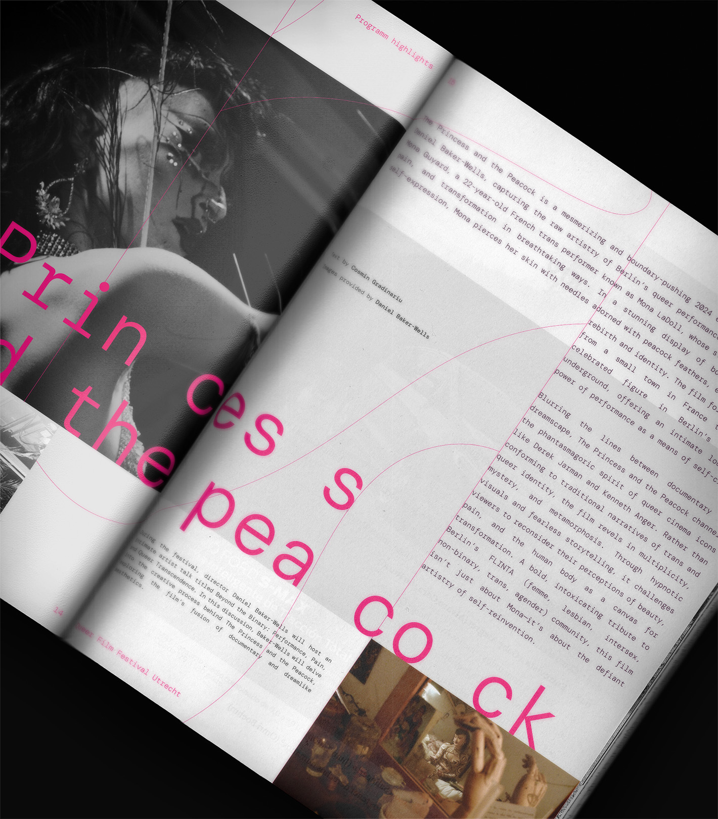 Open magazine with a black and white portrait of a woman with pink text overlay on one page, and text on the opposite page.