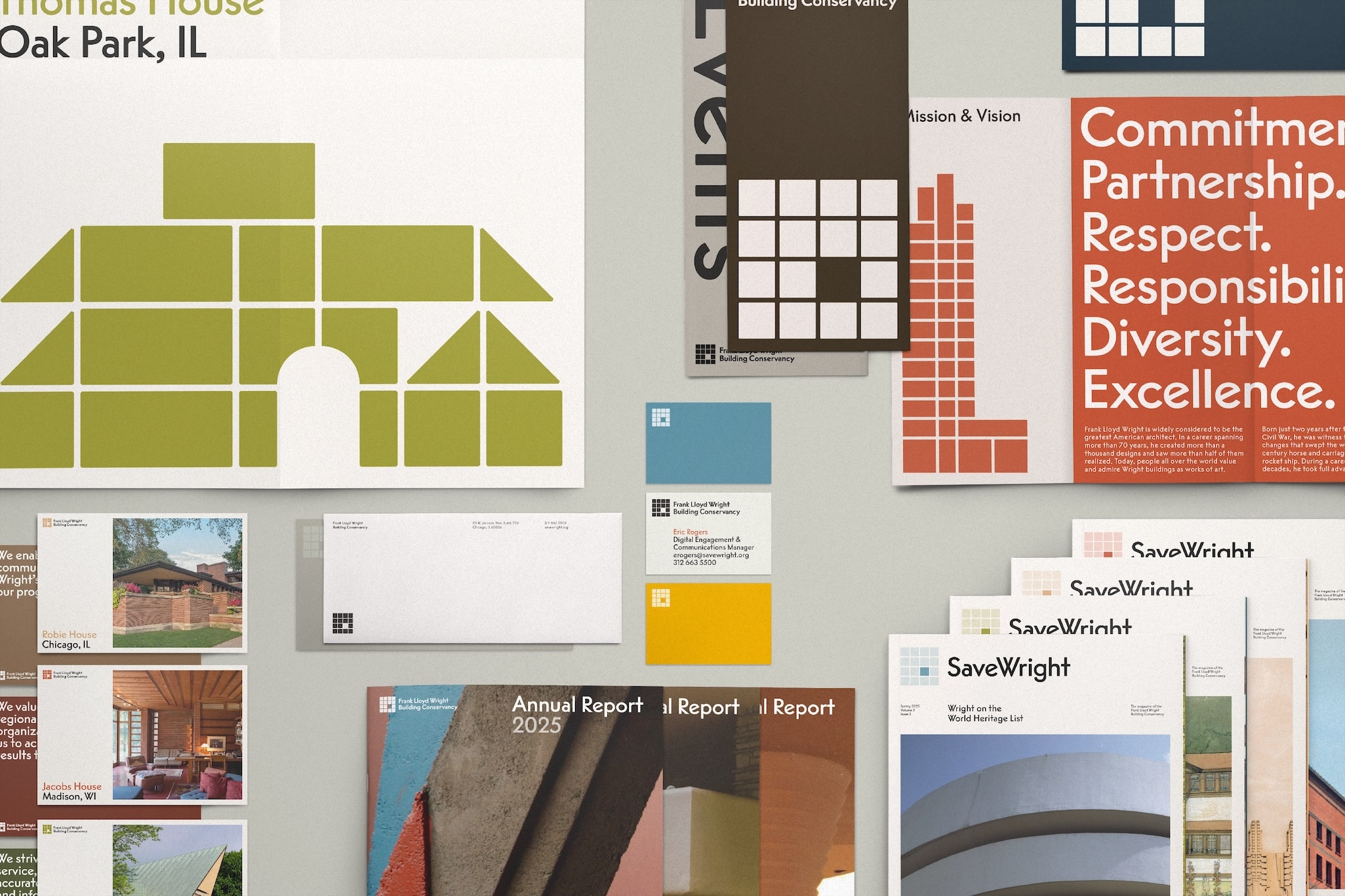 Collage of Frank Lloyd Wright Building Conservancy materials: brochures, reports, stationery, displaying brand identity and architectural focus.