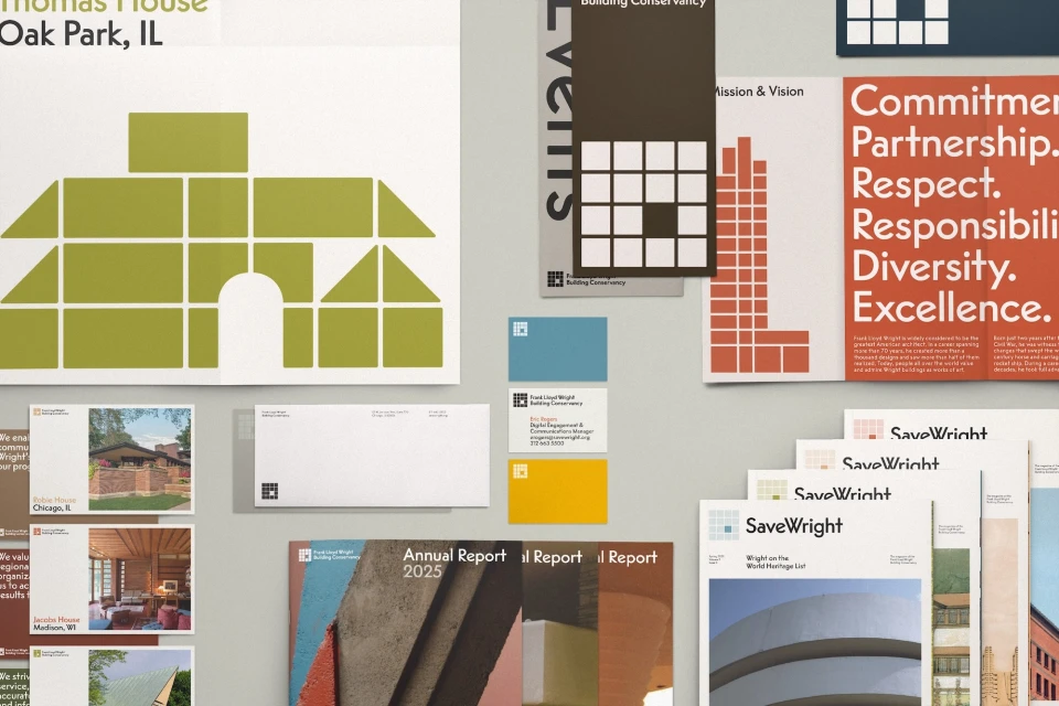 Collage of Frank Lloyd Wright Building Conservancy materials: brochures, reports, stationery, displaying brand identity and architectural focus.