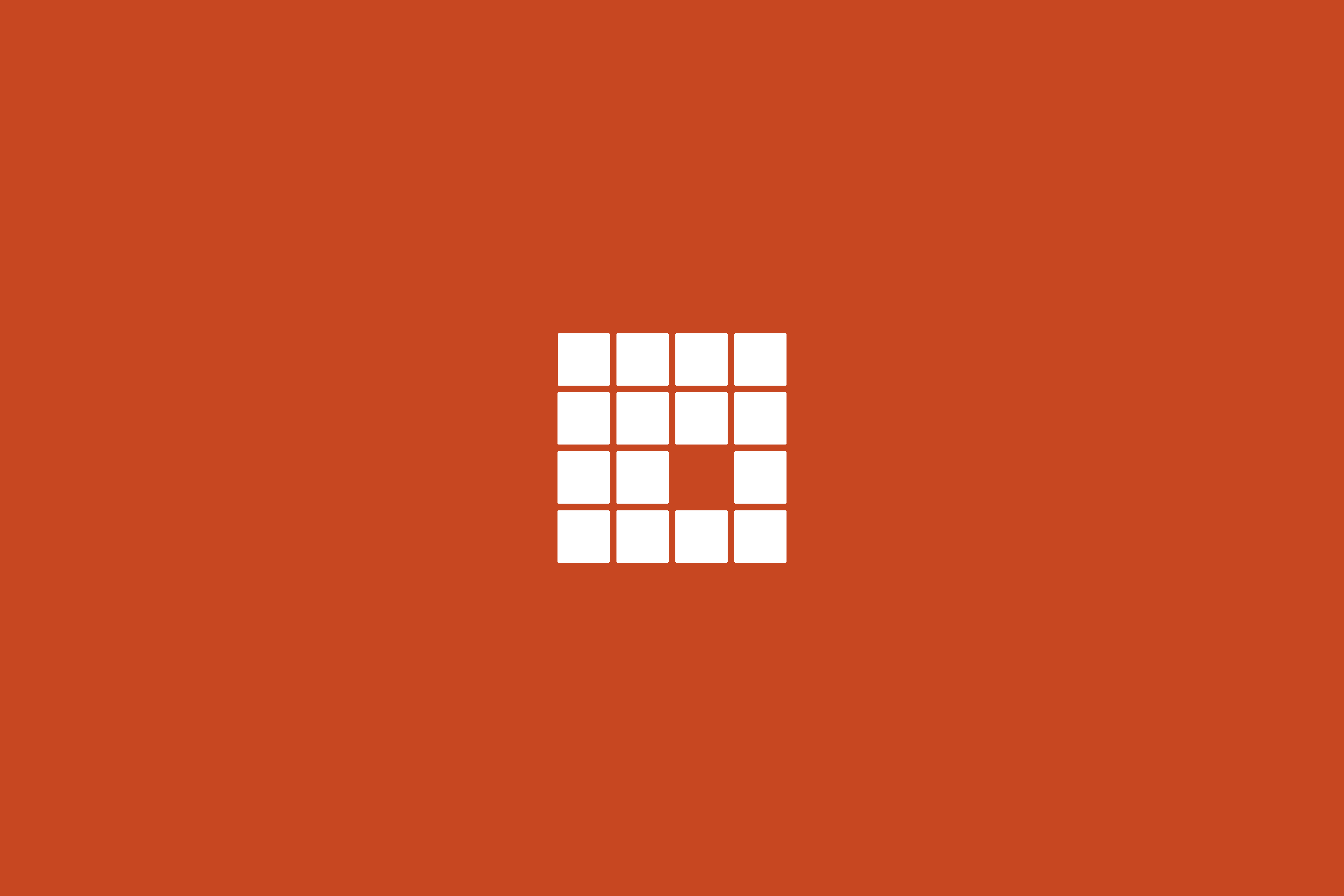 Abstract logo design with a square grid featuring one square missing on a burnt orange background creating a minimalist graphic.