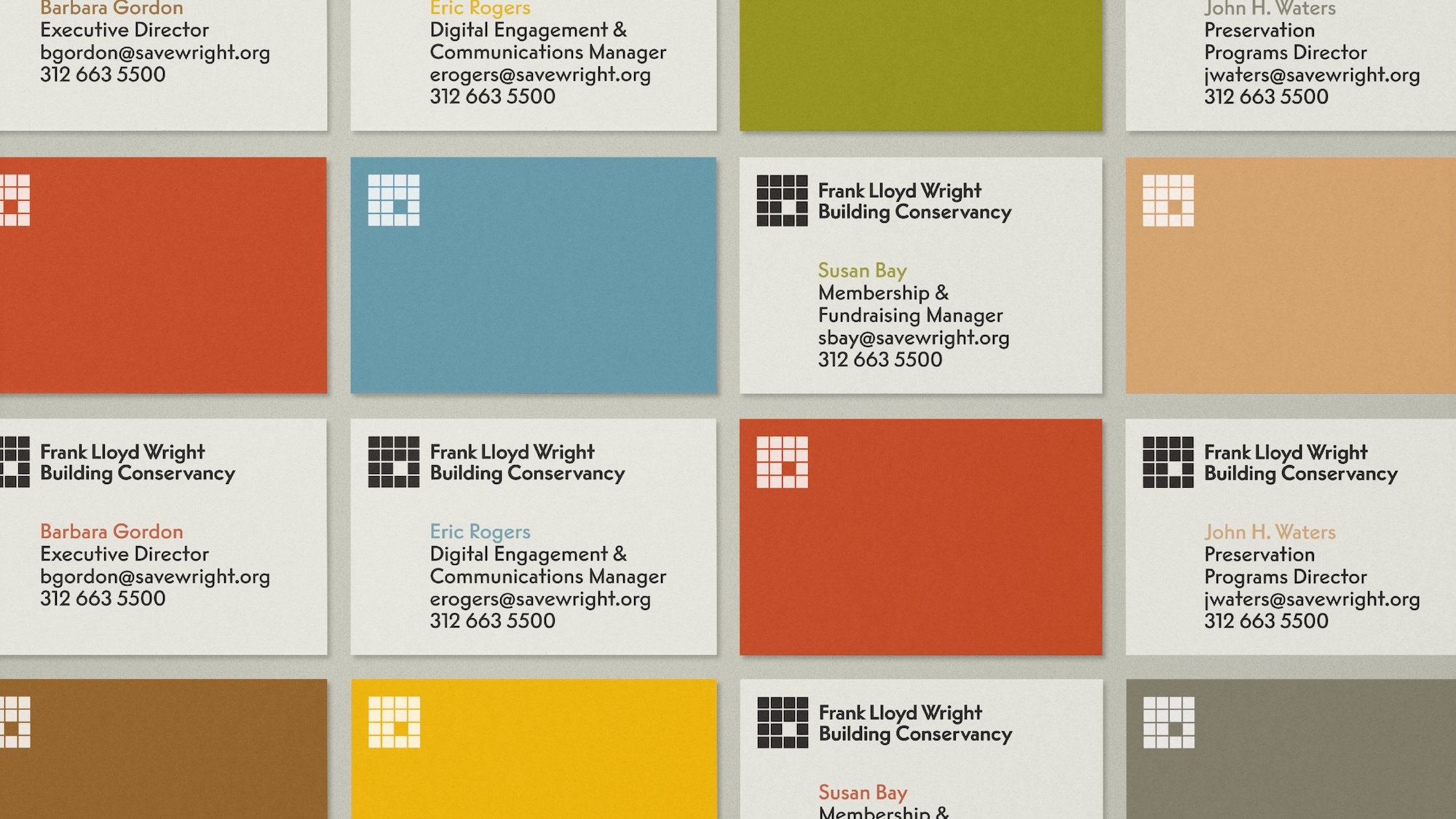 Collection of business cards from the Frank Lloyd Wright Building Conservancy, featuring names, job titles, and contact information.