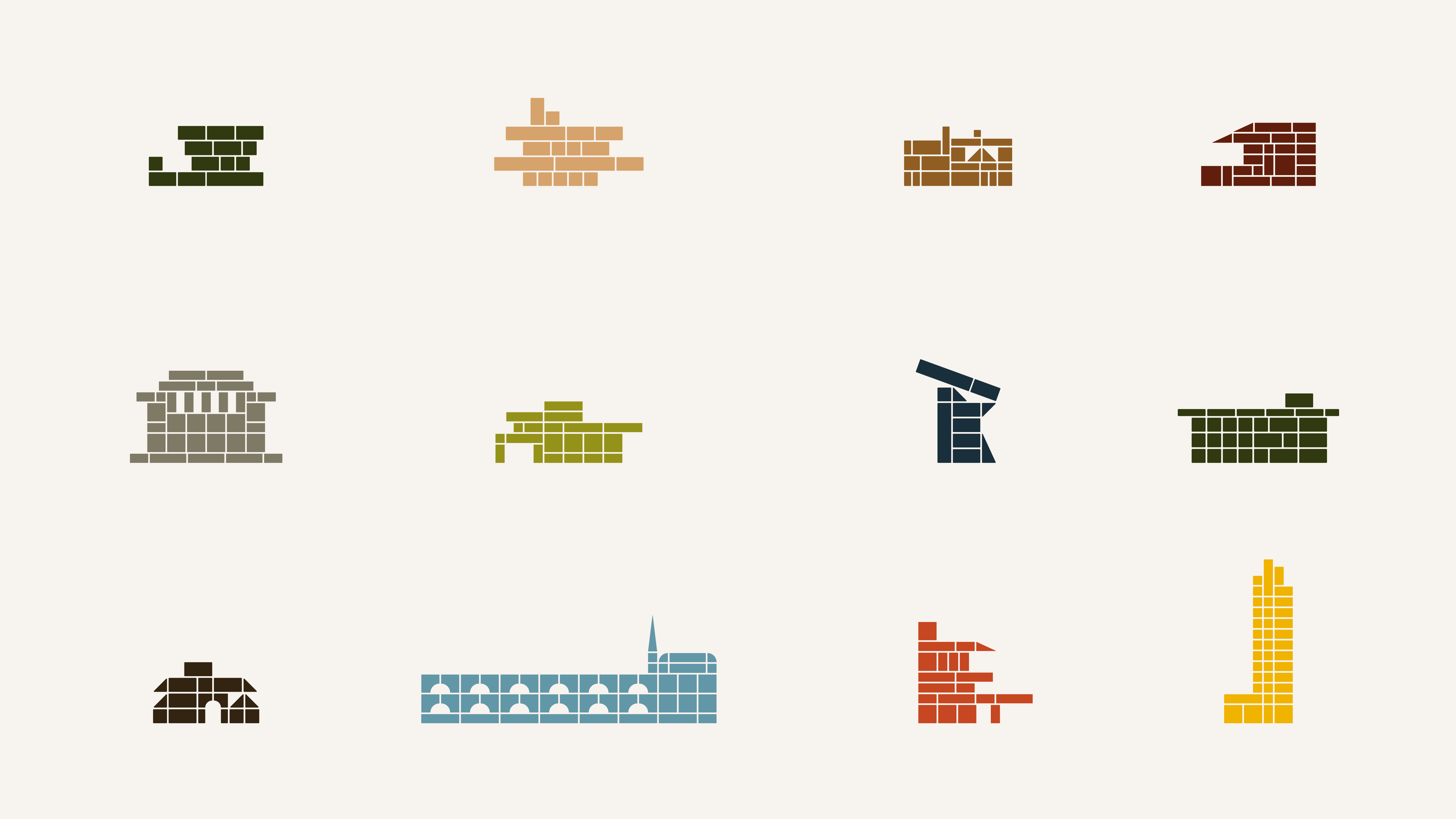 Twelve building icons illustrated in a flat design style, rendered with geometric shapes against an off-white backdrop.