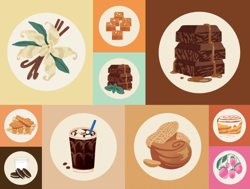 Illustrated food and dessert still life: brownies, caramel, iced coffee, peanuts, vanilla bean flower, cinnamon rolls, strawberries, cookies and milk.