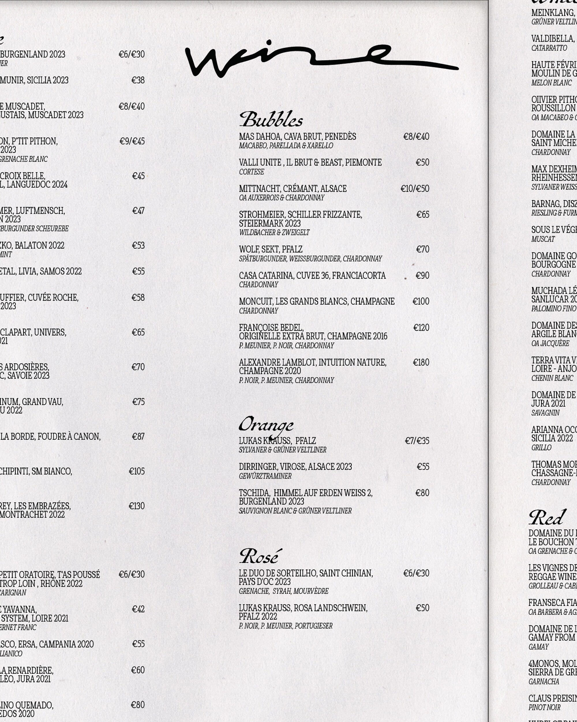 Wine list featuring sections for bubbles, orange wines, rosé, and red wines, displayed on a white background.
