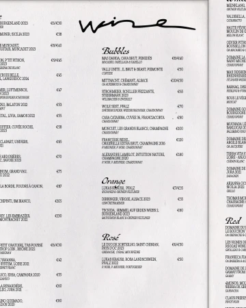 Wine list featuring sections for bubbles, orange wines, rosé, and red wines, displayed on a white background.