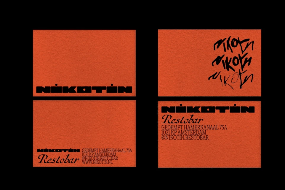 Orange business card designs feature the brand name 'Nikotin Restobar' in bold fonts with black backgrounds and simple layout.
