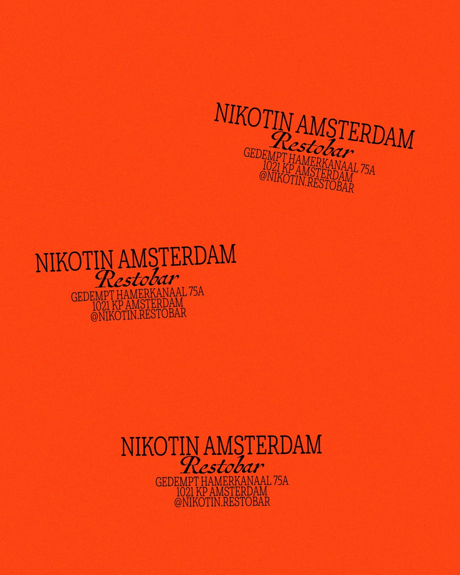 Graphic advertisement with text for Nikotin Amsterdam Restobar featuring the business name, address, and social media handle against an orange background.