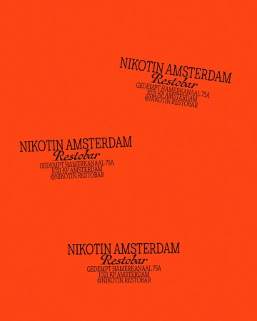 Graphic advertisement with text for Nikotin Amsterdam Restobar featuring the business name, address, and social media handle against an orange background.