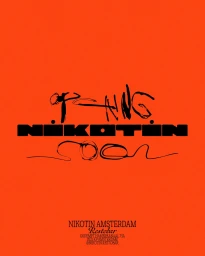 Vibrant orange poster featuring bold black typography and handwritten branding elements for Nikotin Amsterdam restobar.