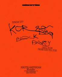 Bright orange event poster with bold black handwritten text announcing Korean BBQ Block Party on Sunday 27/7.