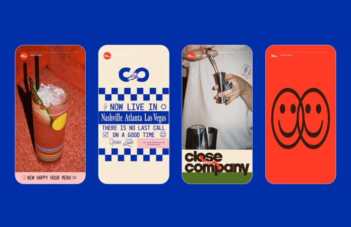 Four close company Instagram post designs displaying a cocktail, advertising text, a bar person, and a smiling face graphic.