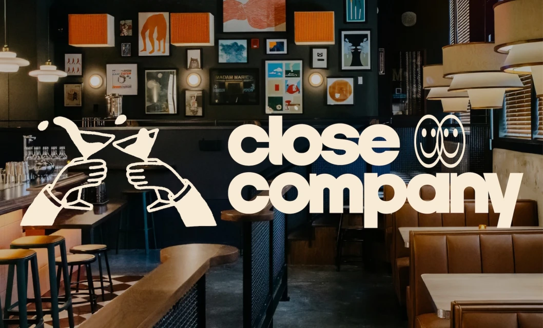 Illustration of drinks toasting in a bar setting with text 'close company' over seating area. Retro design with visible interior.