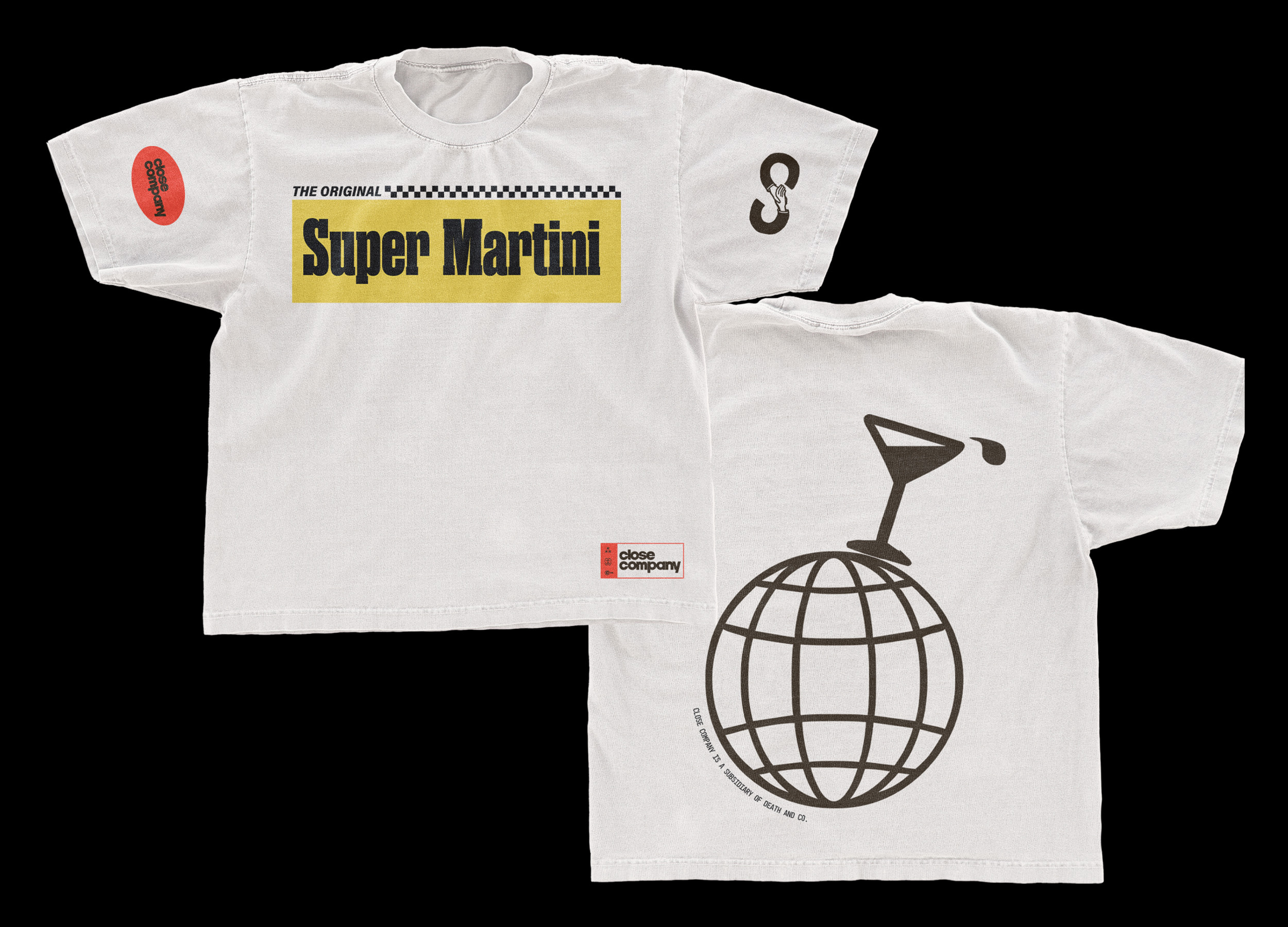 Front and back views of a white T-shirt with 'Super Martini' text on a yellow banner above a globe with a martini glass.