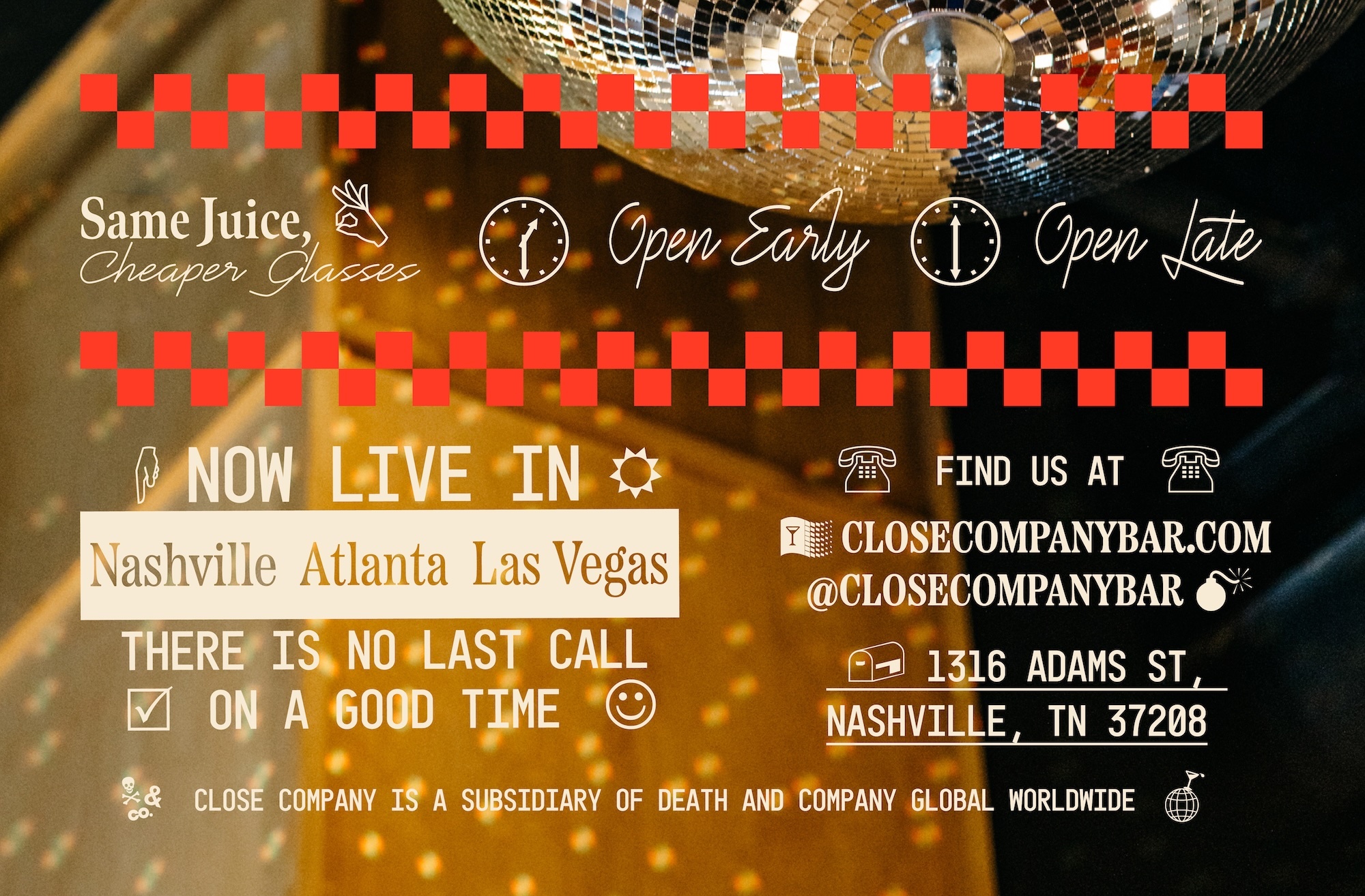 Promotional image for Close Company Bar in Nashville, Atlanta, and Las Vegas, featuring a disco ball and stylized text.