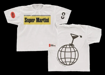 Front and back views of a white graphic t-shirt featuring Super Martini branding, a checkerboard accent, and a martini glass atop a globe.