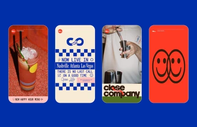 Four mobile screen mockups featuring Death & Co brand identity, cocktail photography, typography, and graphic illustrations.