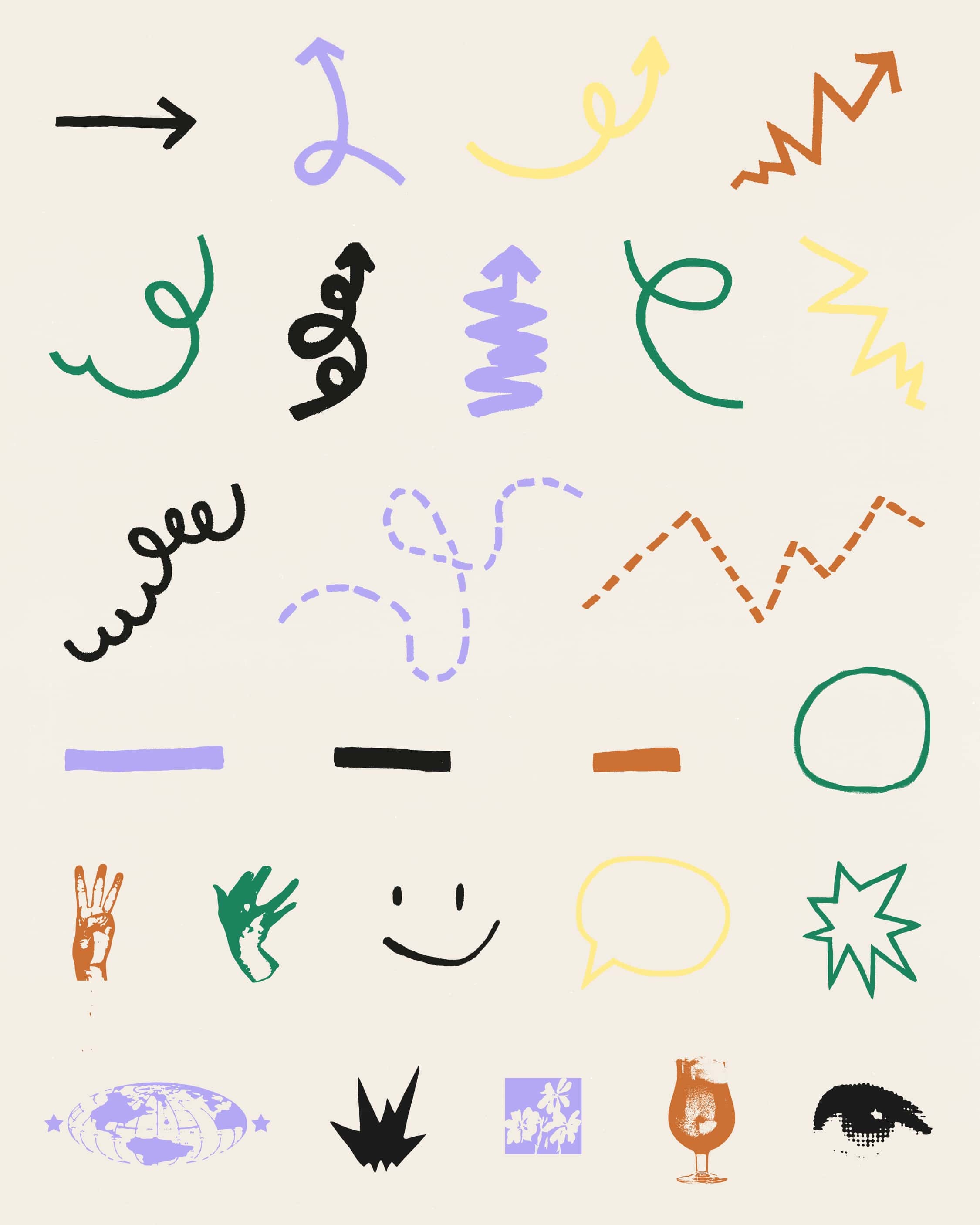 Graphic featuring hand-drawn style illustrations of arrows, lines, symbols, and a globe, displayed on an off-white background.