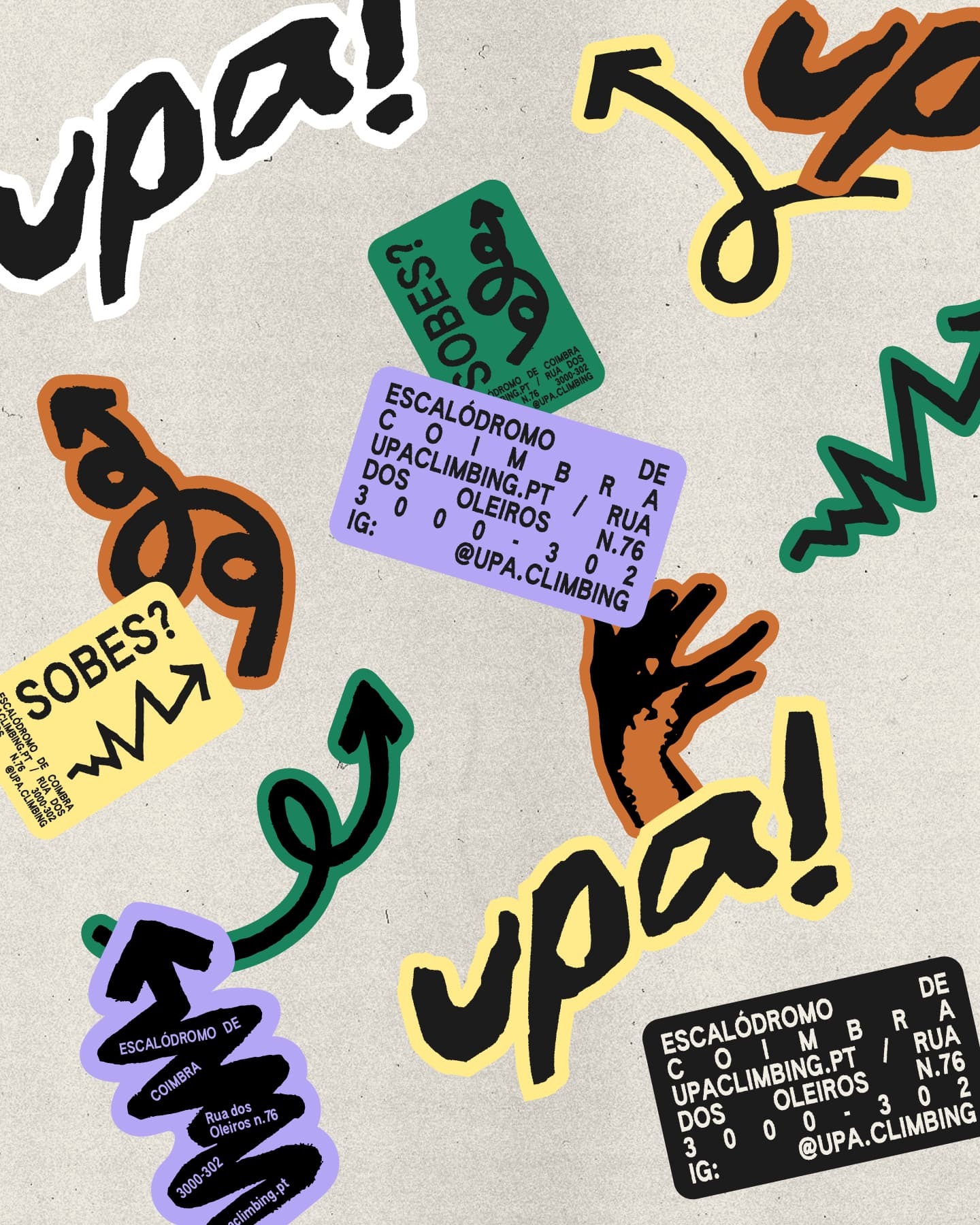 Image features several stickers with climbing-related content, including text, arrows, and abstract shapes, on a light background.