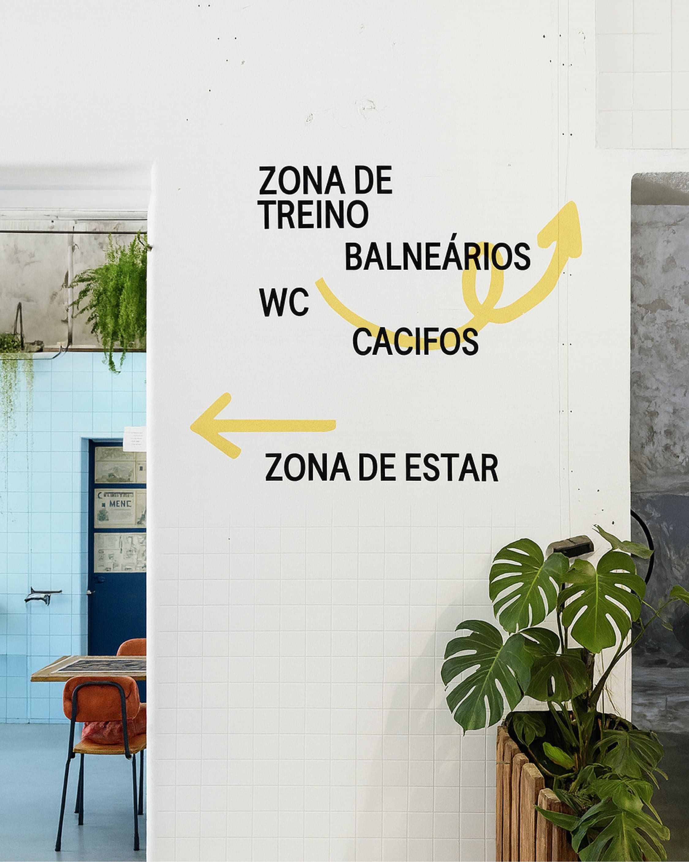 Indoor architectural shot of a white-tiled wall with black text directions and potted green plant in the foreground.