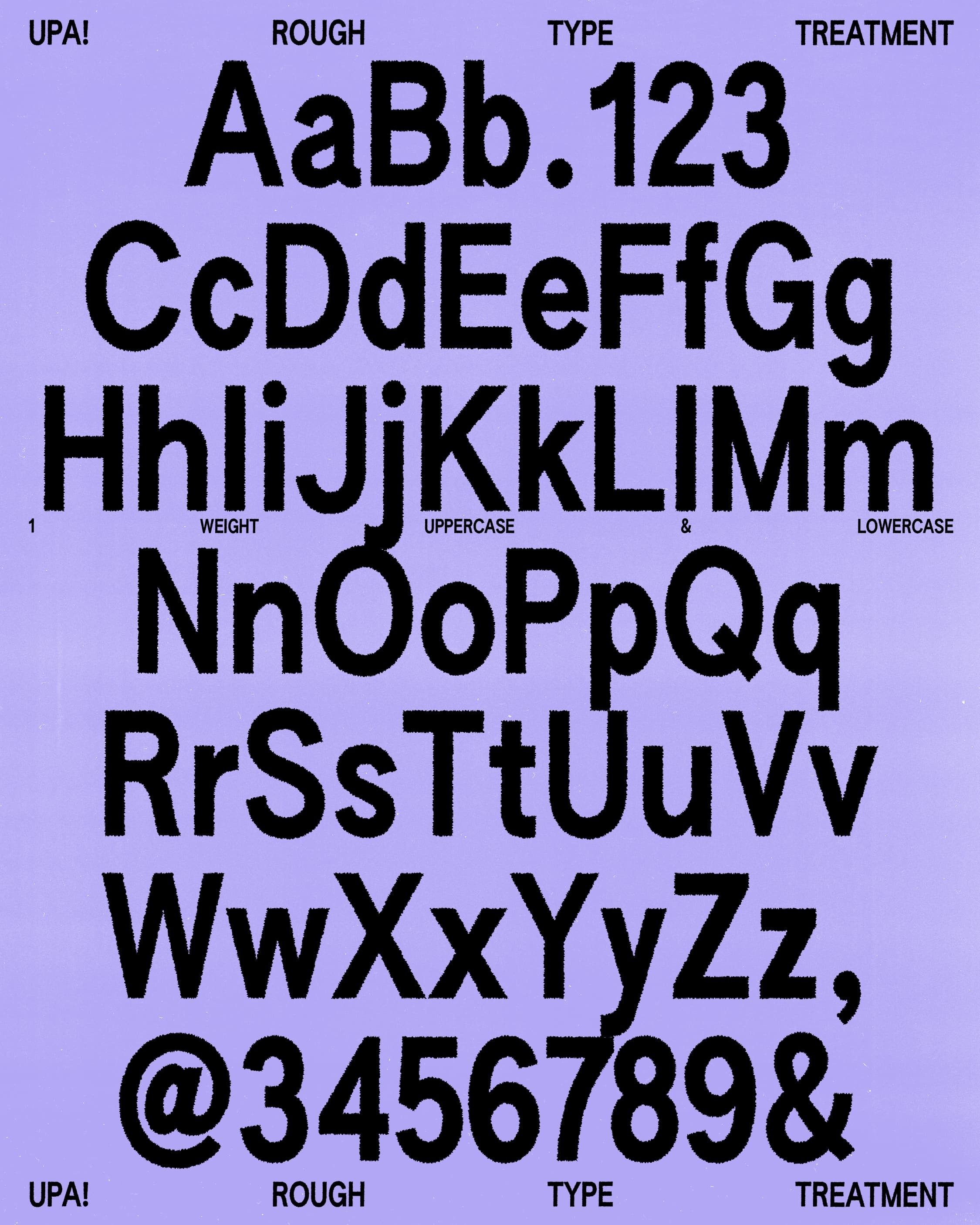 Font and typeface sample presenting uppercase and lowercase letters, numerals, and symbols on a light purple background. 