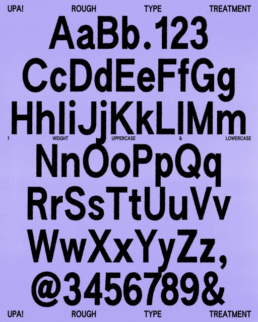 Font and typeface sample presenting uppercase and lowercase letters, numerals, and symbols on a light purple background. 