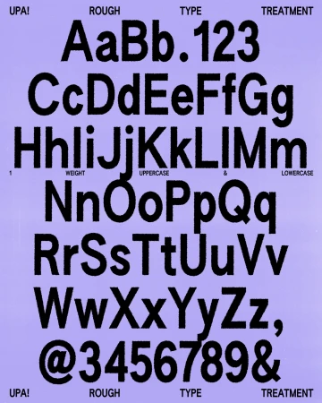 Font and typeface sample presenting uppercase and lowercase letters, numerals, and symbols on a light purple background. 