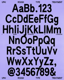 Typography specimen sheet showing uppercase and lowercase alphabet letters in black against a lavender background
