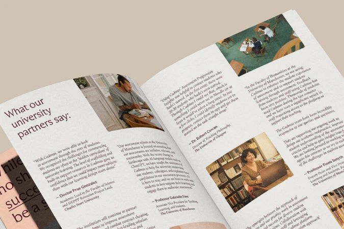 Close-up of an open magazine displaying university partner quotes and photos, including students studying and faculty members.
