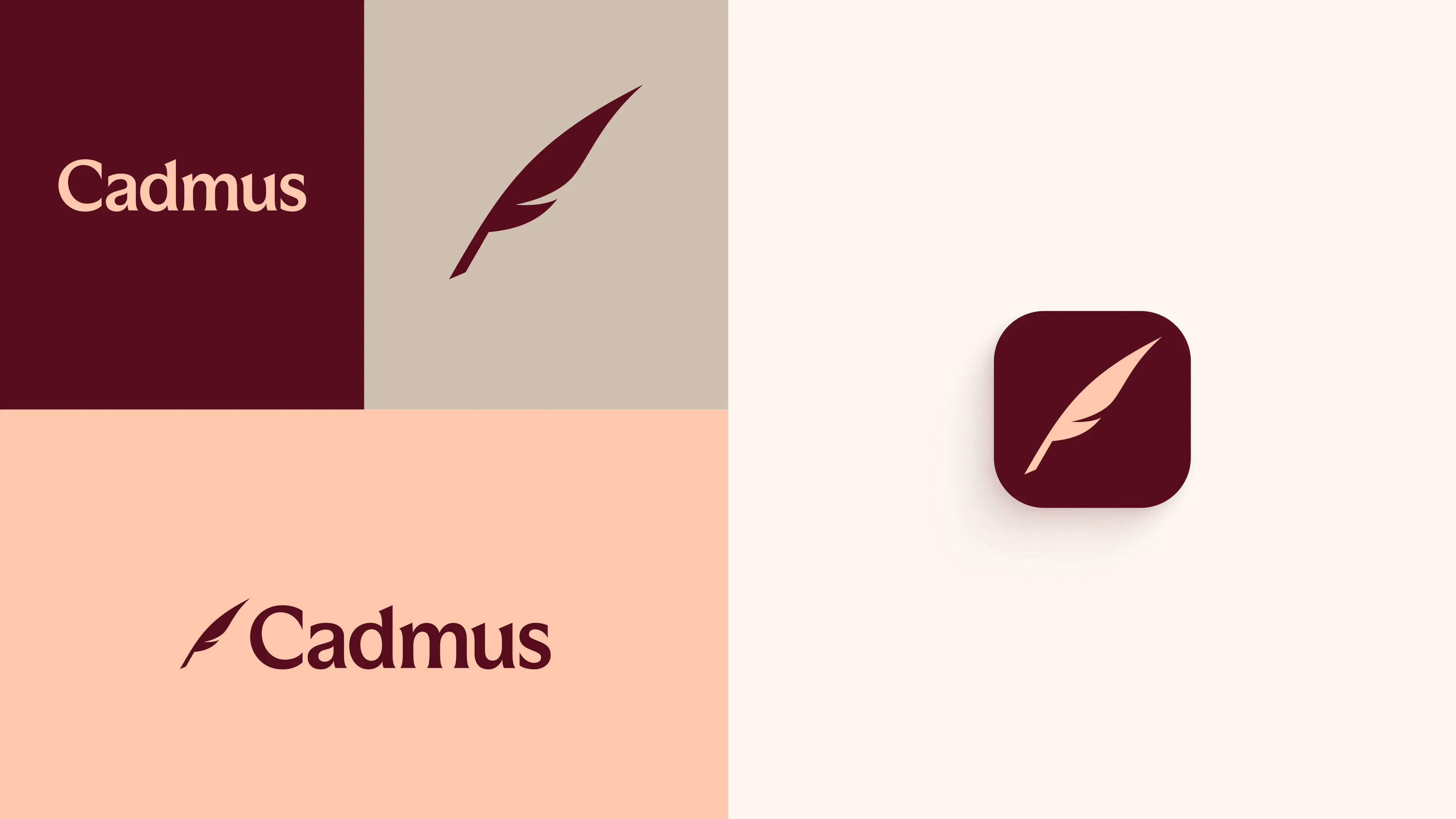Elegant logo featuring a quill pen in dark maroon and beige tones, with the text 'Cadmus' displayed in a matching serif font.
