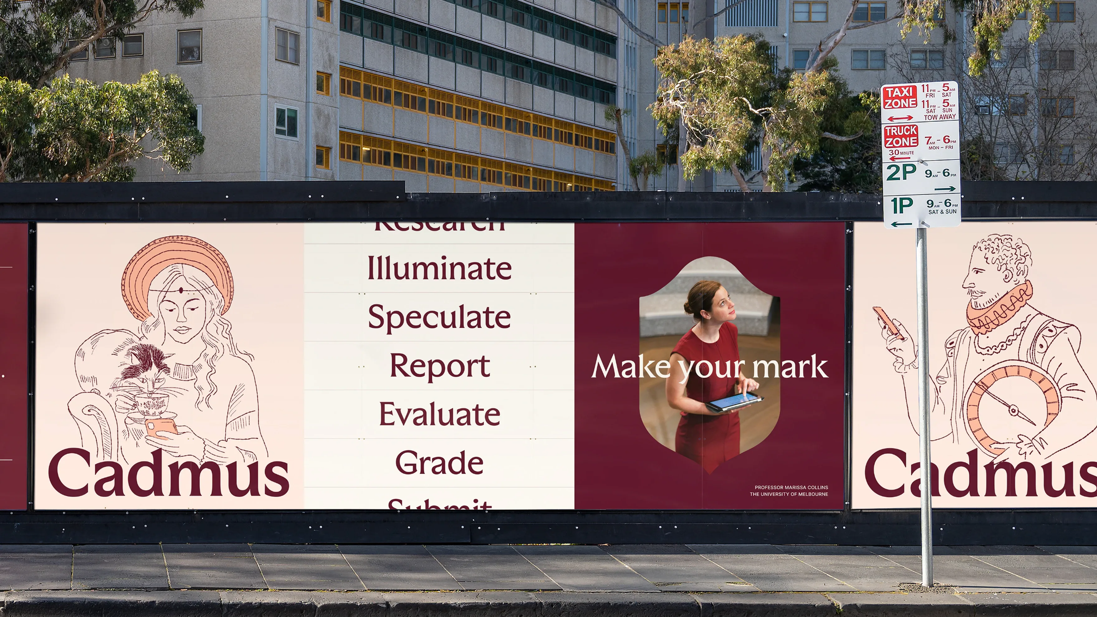 Outdoor advertising featuring illustrations and a photo of a woman, promoting Cadmus and the University of Melbourne.