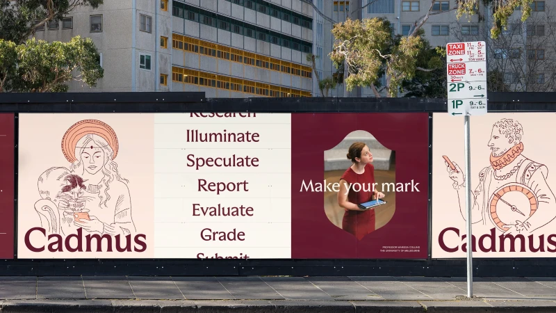 Outdoor advertising featuring illustrations and a photo of a woman, promoting Cadmus and the University of Melbourne.
