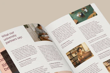 An open printed document or brochure featuring typography, quotes, and photographs for the brand Cadmus.