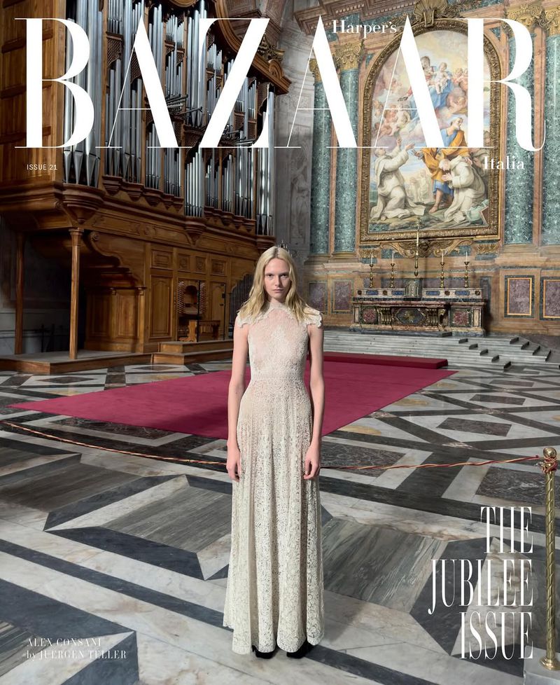 Harper's Bazaar Italia cover featuring a model in a gown standing in a grand interior with an organ and marble floors.