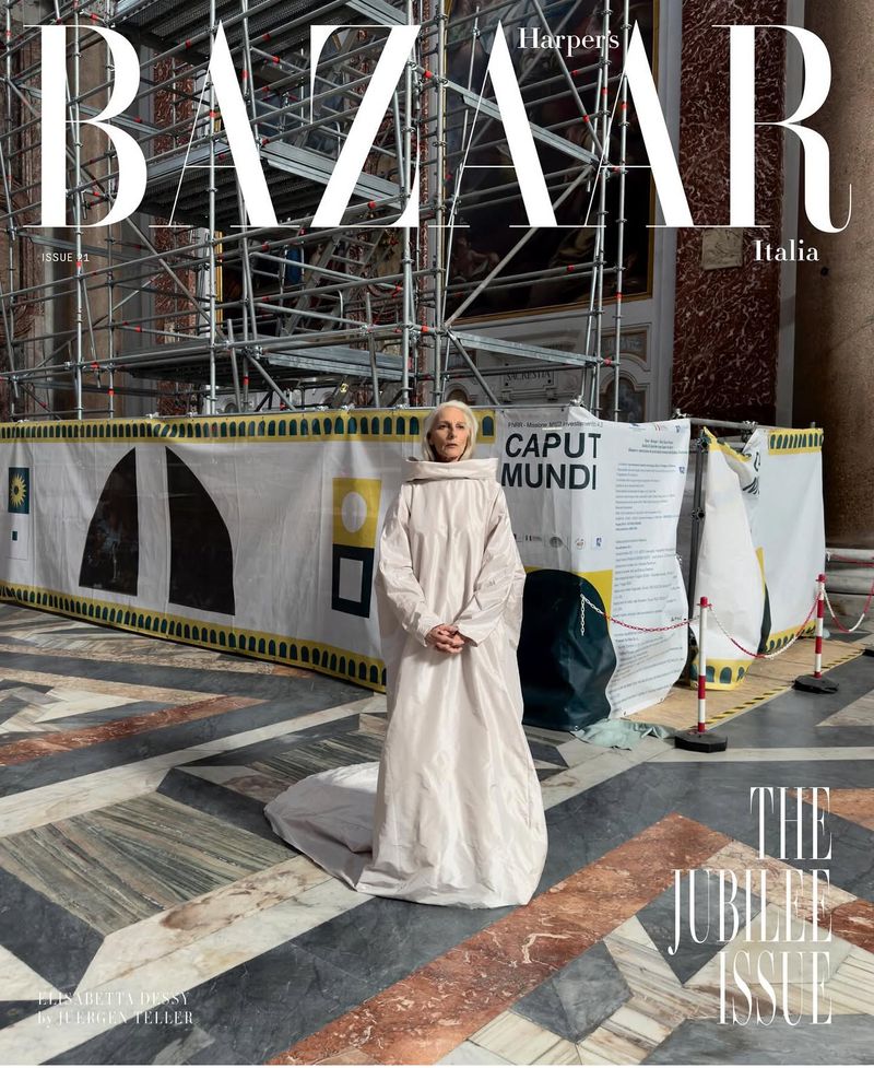Harper's Bazaar Italia cover featuring a fair-skinned woman in a light dress standing in front of scaffolding and a geometric floor pattern.