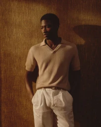 Model wearing a beige knit polo shirt and white trousers leaning against a textured brown wall for Brooksfield