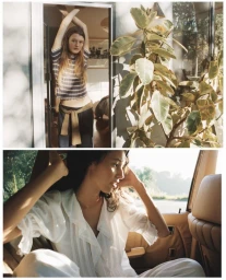 Two split frames featuring models in casual apparel, one standing in a doorway next to a large potted plant, another seated in a car.