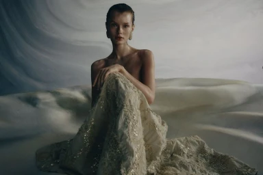 Model seated wearing an embellished cream skirt against a textured abstract backdrop for Brunello Cucinelli SS26.