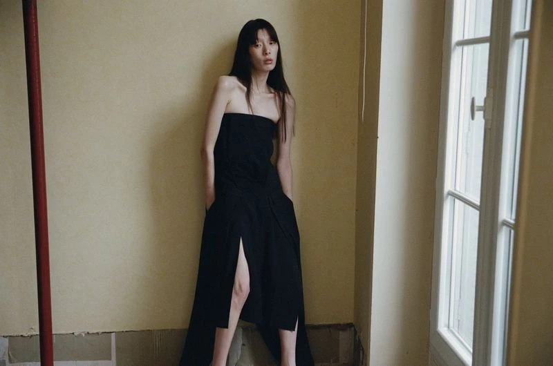 Indoor portrait of an Asian woman wearing a black strapless dress with a slit, looking at the camera with neutral expression and natural light.