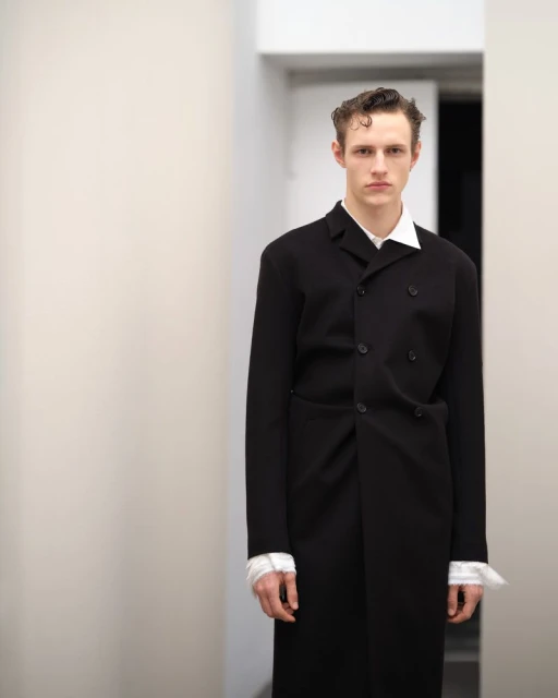Portrait of a young adult man in a black jacket and white shirt, posing indoors against a bright white wall in a minimalist style.