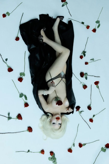Overhead shot of a drag queen in lingerie lying on a white surface with red roses scattered around and wearing black high heels.