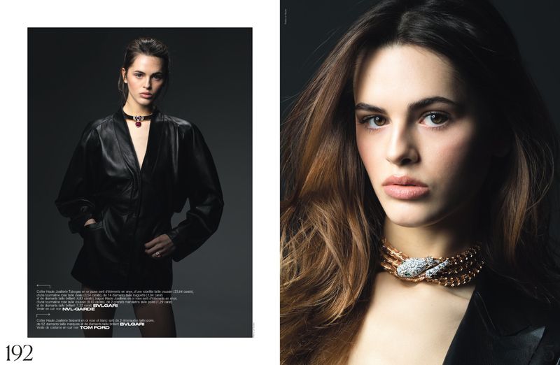 Two images of a model showcasing jewelry. The left image features a red necklace, while the right highlights a gold and diamond choker.