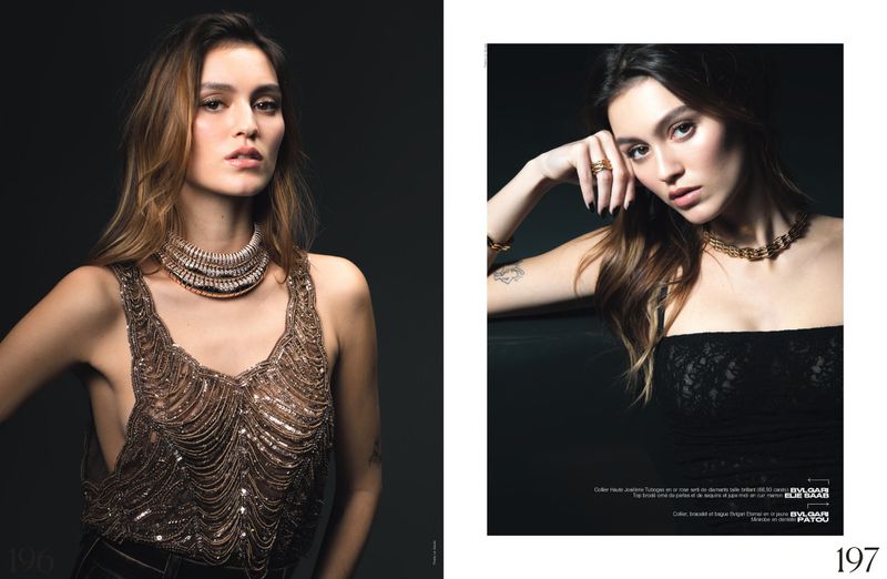 Two fashion magazine-style portrait shots of a young adult woman wearing a beaded top and jewelry against a dark grey studio backdrop.