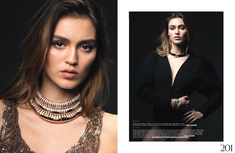 Two portraits of a woman with long brown hair wearing a beaded top and a black V-neck top with jewelry in a dark studio setting.