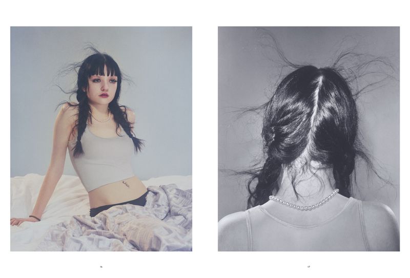 Indoor shot of a young woman with black hair in pigtails, wearing a tank top, sitting on a bed with a patterned blanket. Two-panel view.