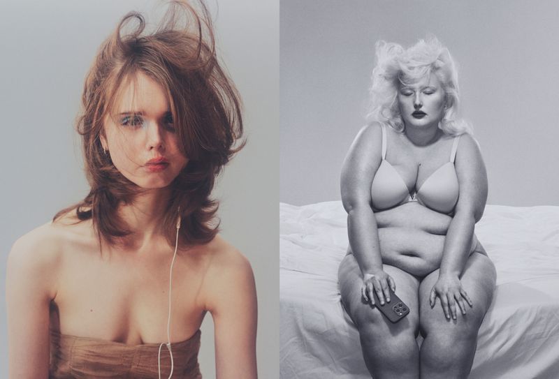 Diptych fashion photo featuring two women: one fair-skinned with headphones, the other plus-size in lingerie on a bed, in studio light.