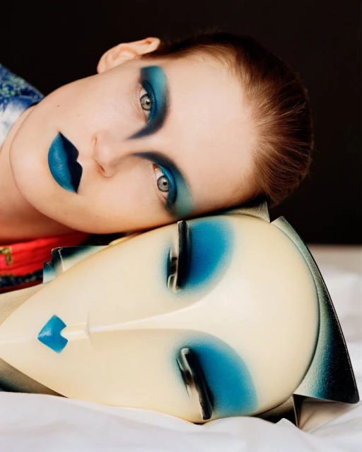 Woman with artistic turquoise makeup and lipstick posing with a stylized sculpture head in a close-up indoor studio shot.