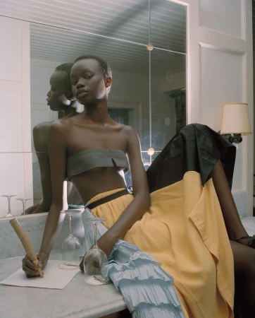 Elegant woman in grey strapless top and yellow skirt seated at marble vanity, signing document with pen in a modern indoor setting.