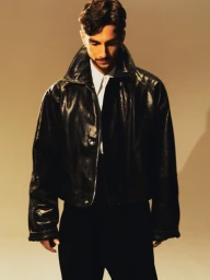 Portrait of a man wearing a black leather jacket and white collared shirt against a warm neutral studio backdrop.