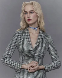 Model with blonde hair and blue choker wearing a houndstooth jacket against a grey background